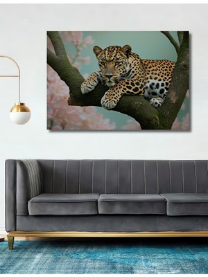 Dal Üzerinde Leopar Yağlı Boya Görünümlü Dekoratif Ahşap Ev/işyeri/ofis Kare Tablo