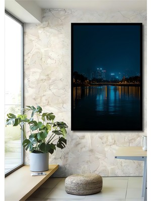 Çerçeve Görünümlü Gece Işıkları Şehir Manzarası Yağlı Boya Görünümlü Ahşap Ofis Kare Tablo