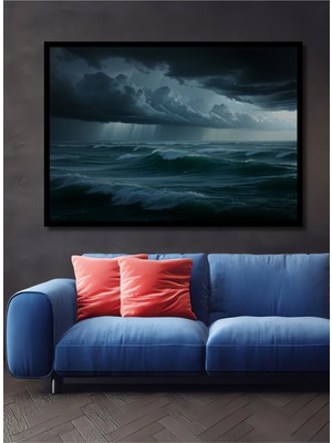 Çerçeve Görünümlü Fırtınalı Denizde Yağlı Boya Görünümlü Dalgalar Ofis Dekoratif Ahşap Kare Tablosu