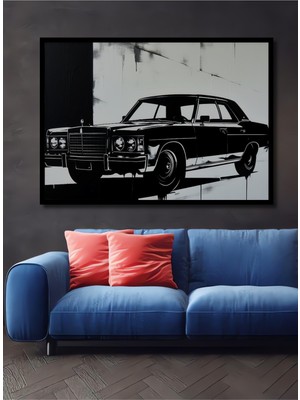 Çerçeve Görünümlü Siyah Beyaz Retro Araba Yağlı Boya Görünümlü Dekoratif Ahşap Ofis Kare Tablo