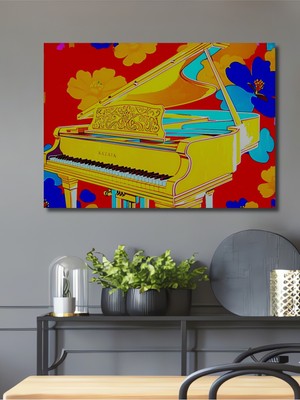 Çiçekler Arasında Sarı Piyano Pop Art Yağlı Boya Görünümlü Dekoratif Ahşap Ev/işyeri/ofis Tablo