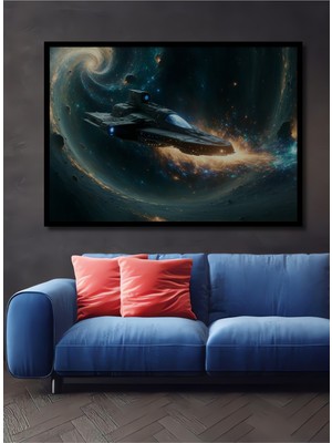 Çerçeve Görünümlü Uzay Gemisi Galaksi Seyahati Yağlı Boya Görünümlü Dekoratif Ahşap Ofis Kare Tablo