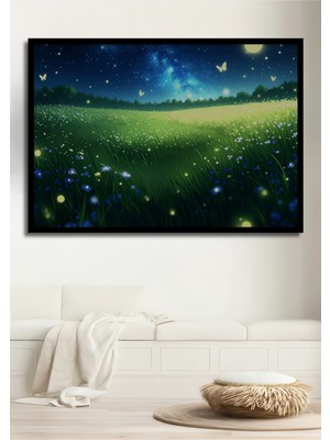 Çerçeve Görünümlü Gece Kelebekleri Çiçek Bahçesi Yağlı Boya Görünümlü Ahşap Ofis Kare Tablo