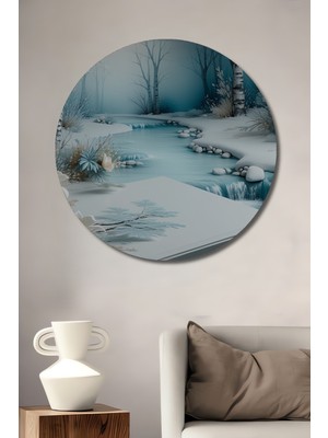 Bembeyaz Kış Düşleri Yağlı Boya Görünümlü Dekoratif Ahşap Ev/işyeri/ofis Yuvarlak Tablo