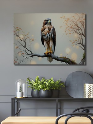Ağaç Dalında Yağlı Boya Görünümlü Şahin Ev/işyeri/ofis Dekoratif Ahşap Kare Tablosu