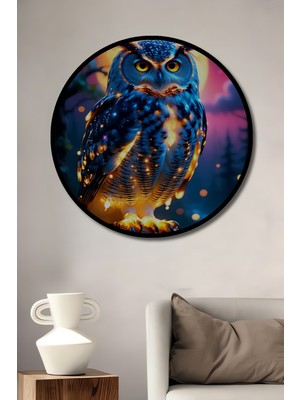 Çerçeve Görünümlü Ay Işığı Altında Parlayan Baykuş Yağlı Boya Görünümlü Ahşap Ofis Yuvarlak Tablo