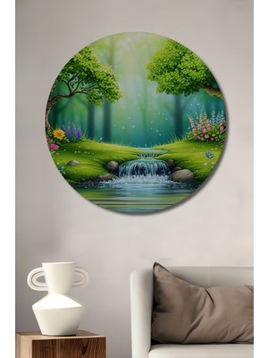 Büyülü Şelale Çiçek Bahçesi Yağlı Boya Görünümlü Ev/işyeri/ofis Dekoratif Ahşap Yuvarlak Tablo