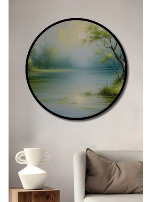 Çerçeve Görünümlü Huzurlu Göl Kenarı Yağlı Boya Görünümlü Dekoratif Ahşap Ofis Yuvarlak Tablo