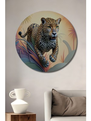 Pastel Tonlarda Leopar Yağlı Boya Görünümlü Dekoratif Ahşap Ev/işyeri/ofis Yuvarlak Tablo