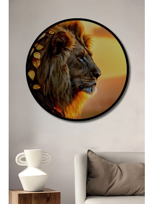 Çerçeve Görünümlü Altın Yapraklı Aslan Yağlı Boya Görünümlü Dekoratif Ahşap Ofis Yuvarlak Tablo