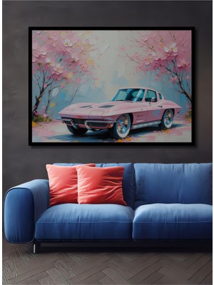 Çerçeve Görünümlü Pembe Corvette Çiçek Bahçesi Yağlı Boya Görünümlü Dekoratif Ahşap Ofis Kare Tablo