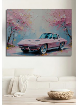 Pembe Corvette Çiçek Bahçesi Yağlı Boya Görünümlü Dekoratif Ahşap Ev/işyeri/ofis Kare Tablo