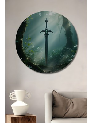 Ormanın Kalbinde Kılıç Yağlı Boya Görünümlü Ev/işyeri/ofis Dekoratif Ahşap Yuvarlak Tablo