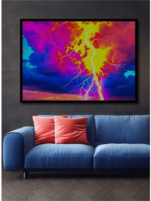 Çerçeve Görünümlü Neon Fırtına Yağlı Boya Görünümlü Dekoratif Ahşap Ev/işyeri/ofis Kare Tablo