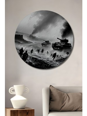 Savaşın Kara Kalem Görünümlü Destansı Anı Dekoratif Ahşap Ev/işyeri/ofis Yuvarlak Tablo