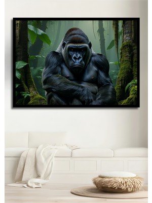 Çerçeve Görünümlü Ormanın Derinliklerinde Yağlı Boya Görünümlü Goril Ofis Ahşap Kare Tablo