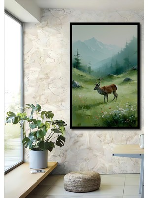 Çerçeve Görünümlü Dağların Heybetli Geyiği Yağlı Boya Görünümlü Ahşap Ofis Kare Tablo