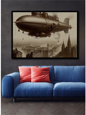 Çerçeve Görünümlü Steampunk Zeplin Şehir Manzarası Dekoratif Ahşap Ev/işyeri/ofis Kare Tablo