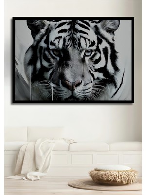 Çerçeve Görünümlü Beyaz Bengal Kaplanı Yağlı Boya Görünümlü Dekoratif Ahşap Işyeri/ofis Kare Tablo