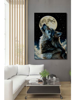 Dolunayda Uluyan Kurt Yağlı Boya Görünümlü Dekoratif Ahşap Ev/işyeri/ofis Kare Tablo