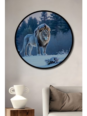 Çerçeve Görünümlü Karda Yürüyen Aslan Yağlı Boya Görünümlü Dekoratif Ahşap Ofis Yuvarlak Tablo