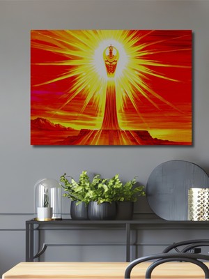 Tutankamon Güneş Tapınağı Yağlı Boya Görünümlü Dekoratif Ahşap Ev/işyeri/ofis Kare Tablo