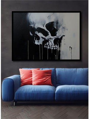 Çerçeve Görünümlü Siyah Beyaz Soyut Kafatası Yağlı Boya Görünümlü Dekoratif Ahşap Ofis Kare Tablo