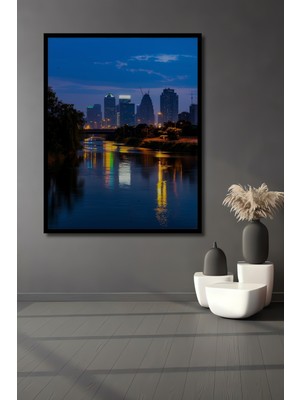 Çerçeve Görünümlü Şehir Işıkları Nehir Yansıması Yağlı Boya Görünümlü Ahşap Ofis Kare Tablo