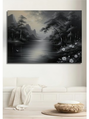 Siyah Beyaz Göl Manzarası Yağlı Boya Görünümlü Dekoratif Ahşap Dekoratif Ev/işyeri/ofis Kare Tablo