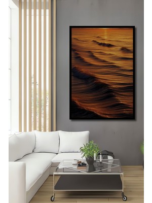 Çerçeve Görünümlü Altın Deniz Dalgaları Yağlı Boya Görünümlü Dekoratif Ahşap Işyeri/ofis Kare Tablo