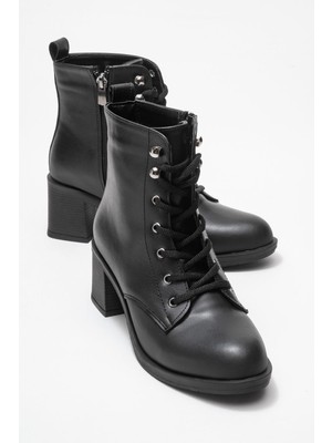 Kadın Topuklu Kancalı Bağcıklı Bot Siyah Cilt