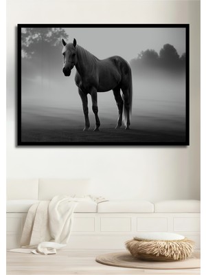 Çerçeve Görünümlü Asil Beyaz At Kara Kalem Görünümlü Dekoratif Ahşap Ev/işyeri/ofis Kare Tablo