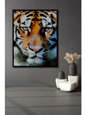 Çerçeve Görünümlü Gerçekçi Bengal Kaplanı Yağlı Boya Görünümlü Ofis Dekoratif Ahşap Kare Tablo