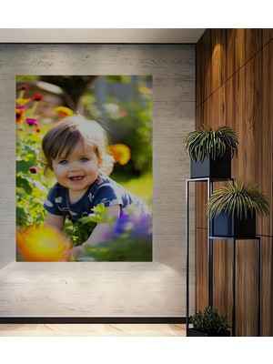 Çiçek Bahçesinde Minik Neşe Sulu Boya Görünümlü Ev/işyeri/ofis Dekoratif Ahşap Kare Tablo