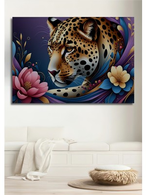Çiçeklerle Dans Eden Leopar Yağlı Boya Görünümlü Ev/işyeri/ofis Dekoratif Ahşap Kare Tablo