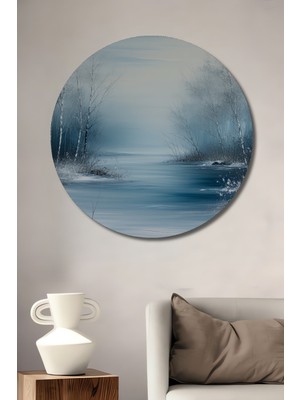 Buz Mavi Nehir Yağlı Boya Görünümlü Dekoratif Ahşap Ev/işyeri/ofis Yuvarlak Tablo
