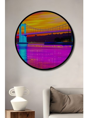 Çerçeve Görünümlü Neon Işıklar Altında Köprü Manzarası Yağlı Boya Görünümlü Ahşap Ofis Tablo