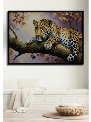 Çerçeve Görünümlü Ağaçta Yatan Leopar Yağlı Boya Görünümlü Işyeri/ofis Dekoratif Ahşap Kare Tablo