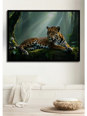Çerçeve Görünümlü Ormanda Yağlı Boya Görünümlü Jaguar Ev/işyeri/ofis Dekoratif Ahşap Kare Tablo