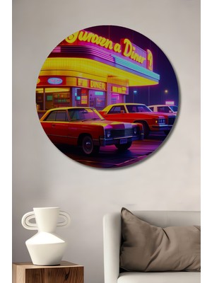Neon Işıklı Amerikan Diner Nostalji Yağlı Boya Görünümlü Dekoratif Ahşap Ev/işyeri/ofis Tablo