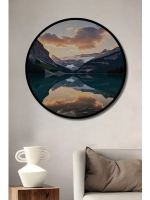 Çerçeve Görünümlü Dağların Aşkı Göl Manzarası Yağlı Boya Görünümlü Ahşap Ofis Yuvarlak Tablo