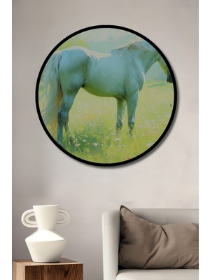 Çerçeve Görünümlü Beyaz At Yağlı Boya Görünümlü Çiçek Bahçesi Dekoratif Ahşap Ofis Yuvarlak Tablo