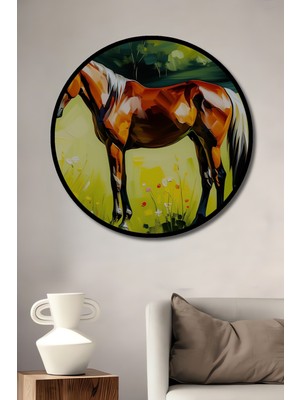 Çerçeve Görünümlü Yağlı Boya Görünümlü At Çiçek Bahçesi Işyeri/ofis Dekoratif Ahşap Yuvarlak Tablo