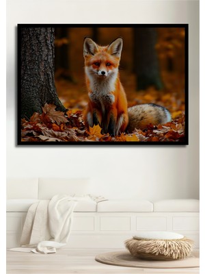 Çerçeve Görünümlü Sonbahar Ormanında Tilki Yağlı Boya Görünümlü Dekoratif Ahşap Ofis Kare Tablo