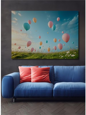 Pastel Renklerde Uçan Balonlar Yağlı Boya Görünümlü Dekoratif Ahşap Ev/işyeri/ofis Kare Tablo