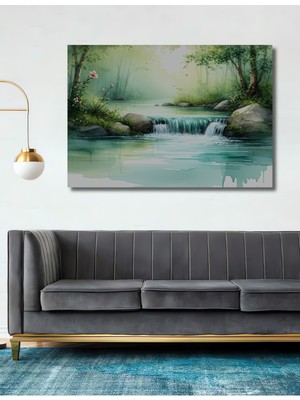 Sakin Nehir Sulu Boya Görünümlü Dekoratif Ahşap Ev/işyeri/ofis Kare Tablo