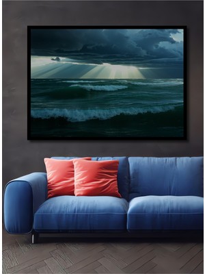 Çerçeve Görünümlü Dalgalı Denizde Güneş Işınları Yağlı Boya Görünümlü Ahşap Ofis Kare Tablo