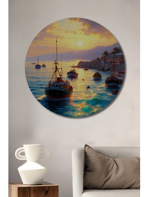 Gün Batımı Limanı Yağlı Boya Görünümlü Dekoratif Ahşap Ev/işyeri/ofis Yuvarlak Tablo