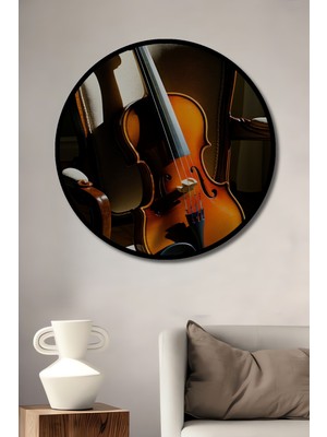 Çerçeve Görünümlü Yağlı Boya Görünümlü Keman ve Klasik Sandalye Ofis Ahşap Yuvarlak Tablosu