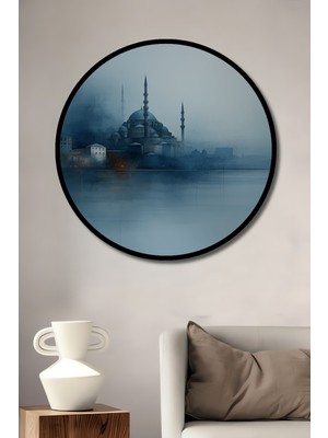 Çerçeve Görünümlü Istanbul Silüeti Sulu Boya Görünümlü Dekoratif Ahşap Işyeri/ofis Yuvarlak Tablo
